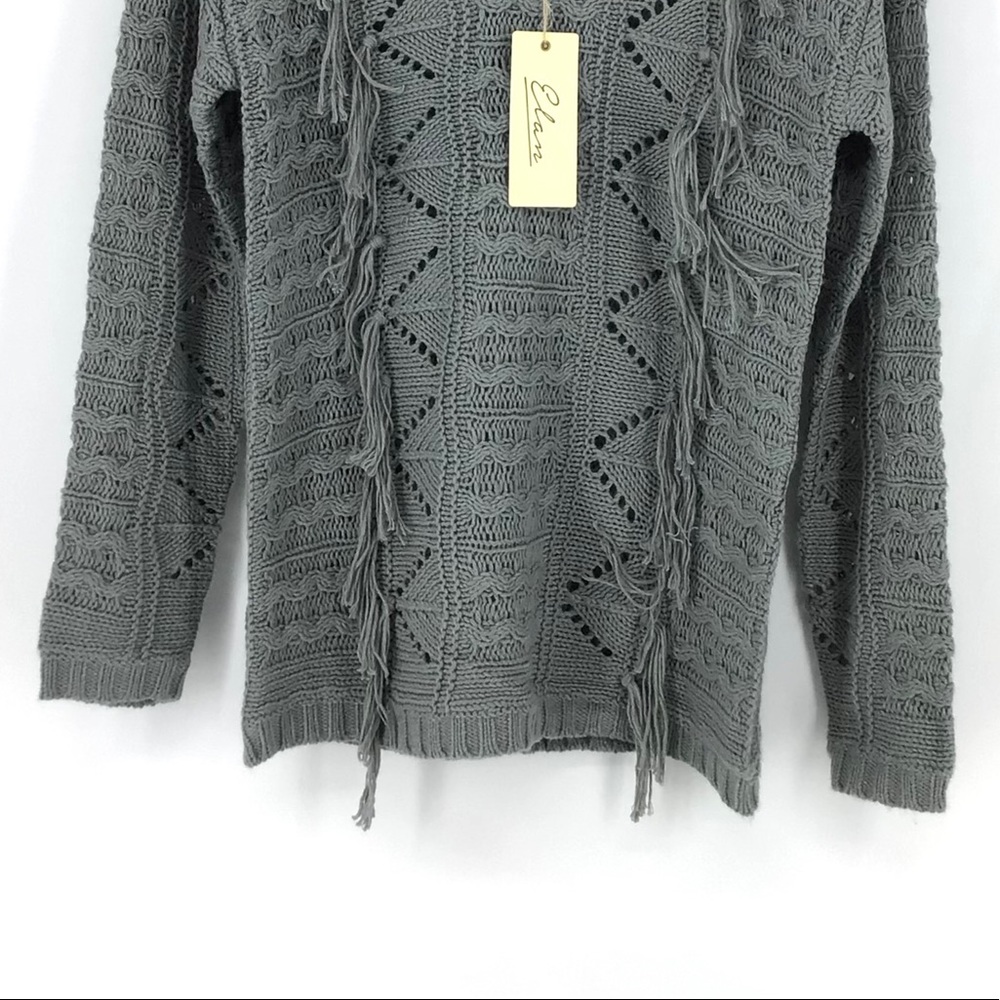 Elan Grey Cable Knit Fringe Tassel Front Sweater - Picture 3 of 6
